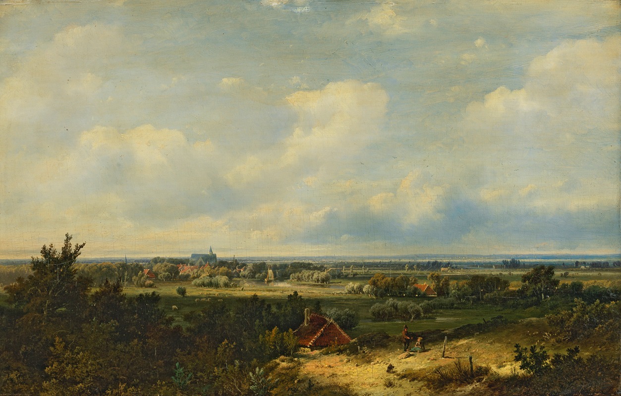 Pieter Lodewijk Francisco Kluyver - Extensive landscape with a church in the distance