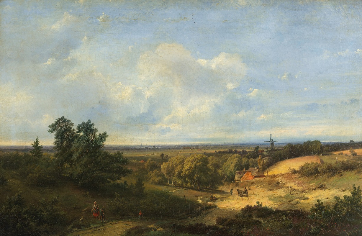 Pieter Lodewijk Francisco Kluyver - Extensive landscape with a windmill in the distance