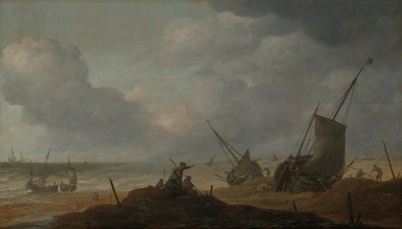 Pieter Mulier the Elder - Strandszene mit Blick auf ein bewegtes Meer mit zahlreichen Schiffen