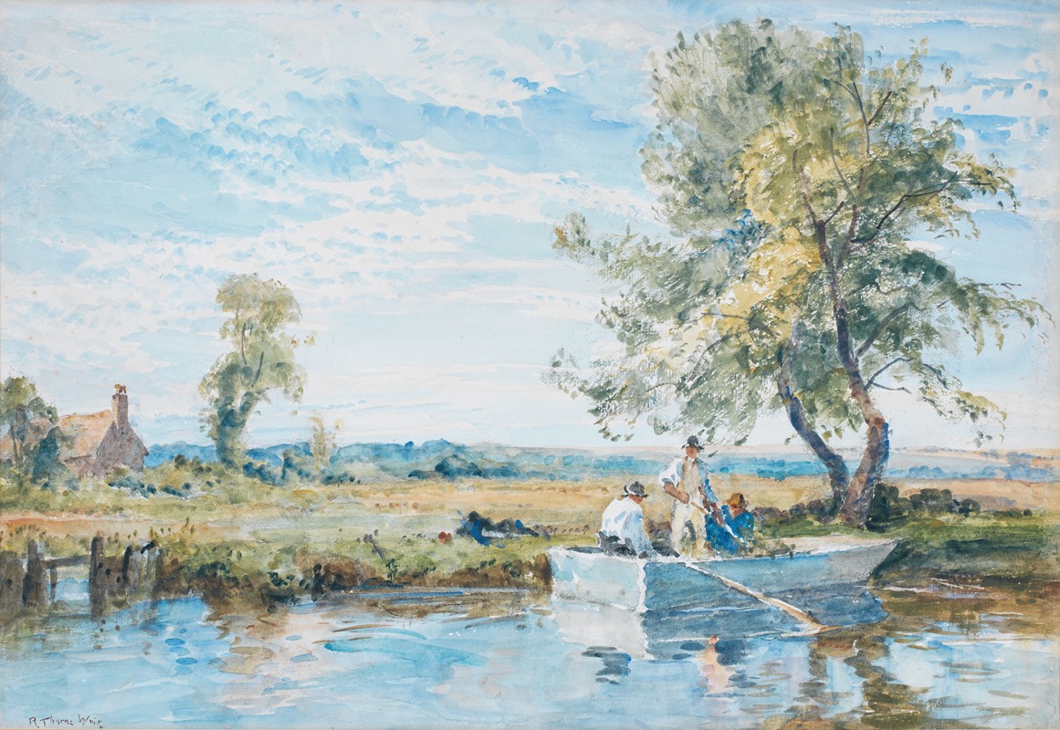 Robert Thorne Waite - Figures in a boat with an extensive landscape beyond