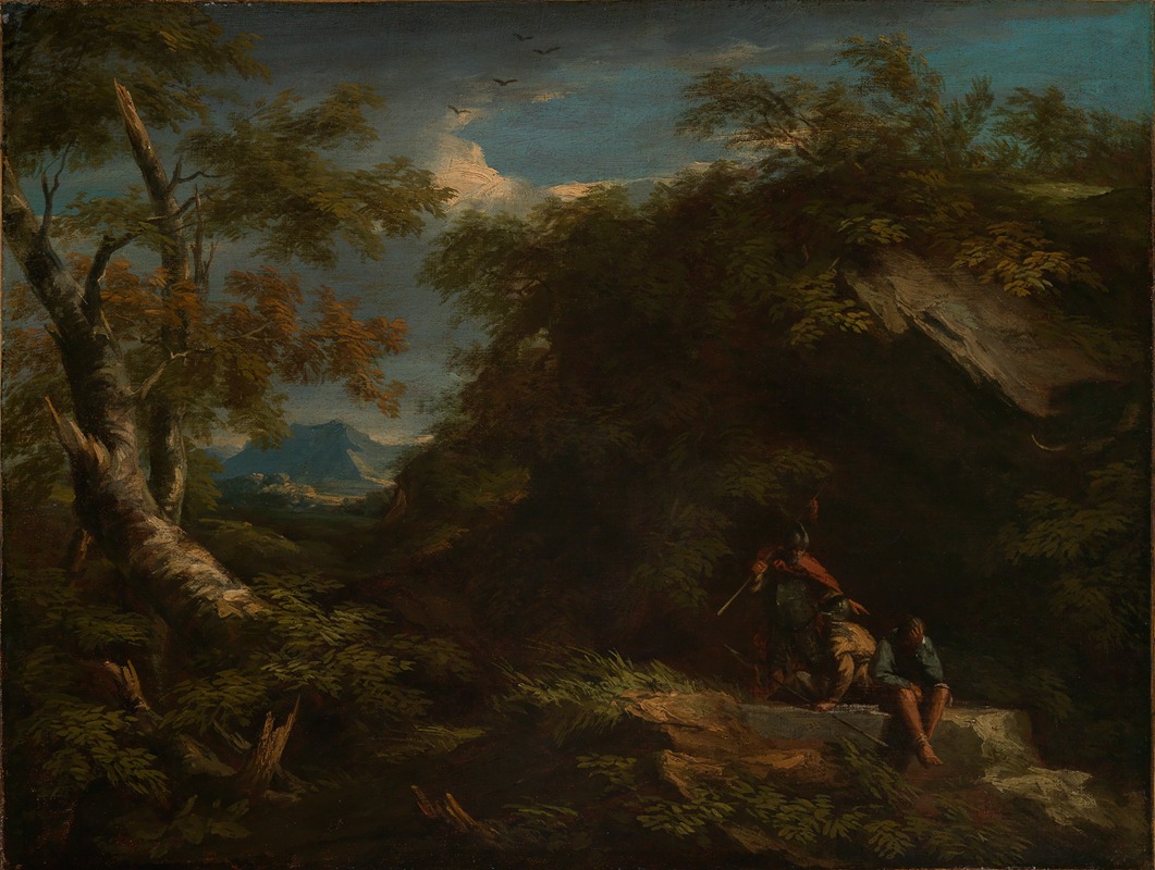 Salvator Rosa - Mountainous forest landscape with resting warriors