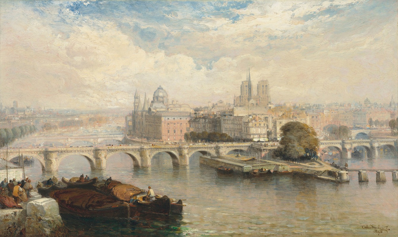 Arthur Joseph Meadows - A view of the Pont Neuf, Paris, with Notre-Dame beyond