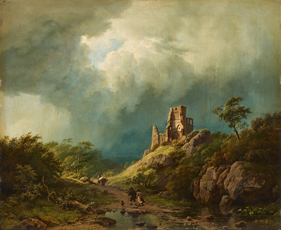 Barend Cornelis Koekkoek - Travellers passing a ruined castle in a stormy landscape