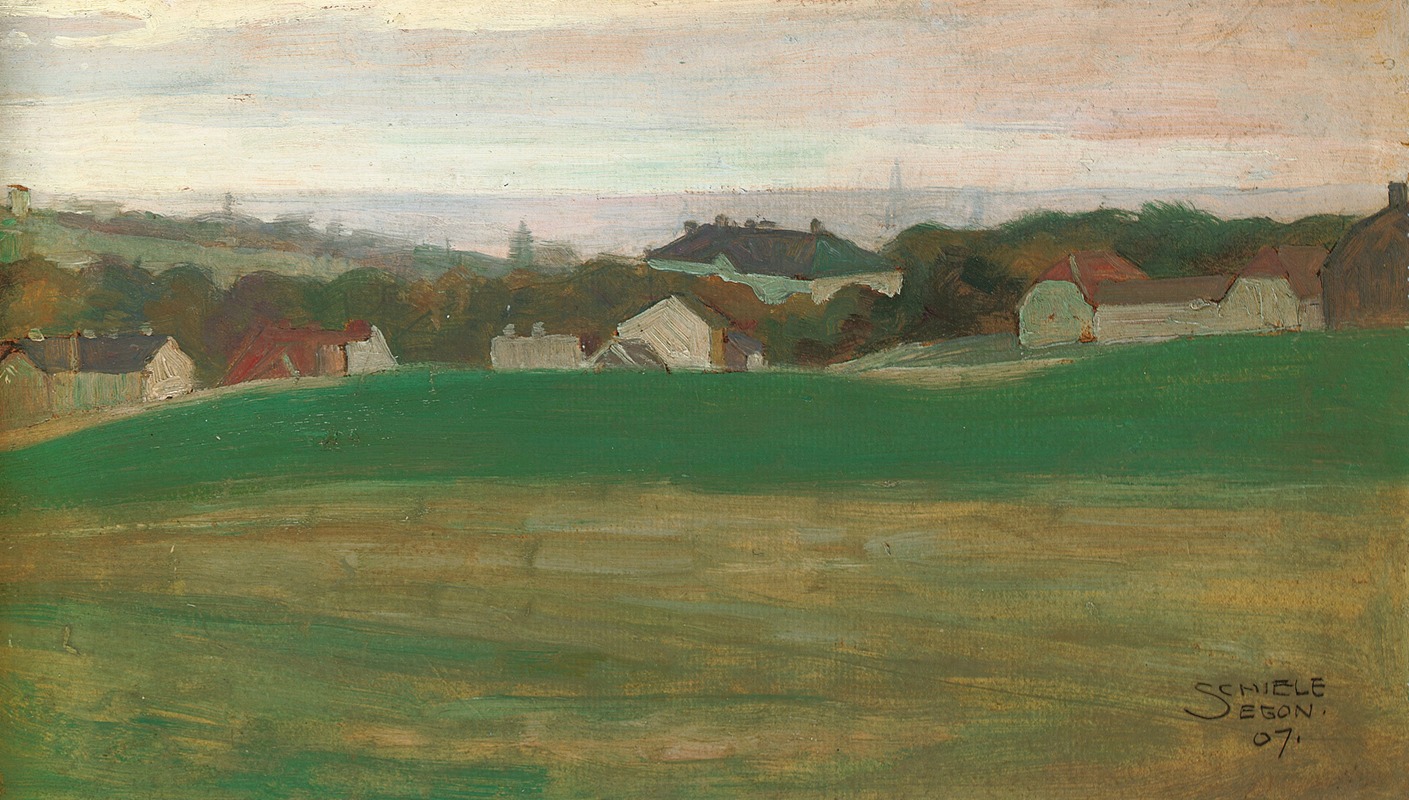 Egon Schiele - Wiese mit Dorf im Hintergrund II