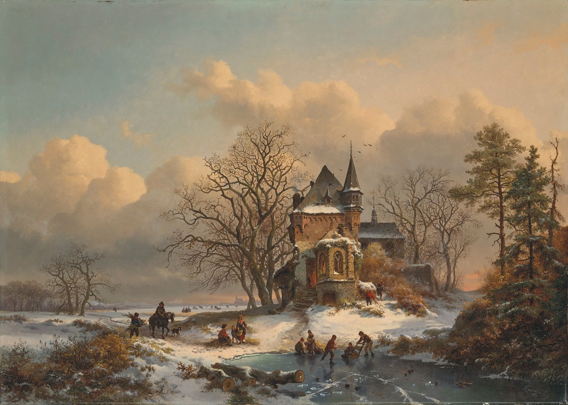 Frederik Marinus Kruseman - Winter landscape with skaters