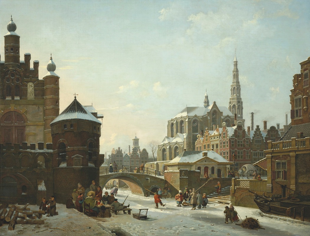 Jan Hendrik Verheijen - A capriccio with figures on a frozen canal