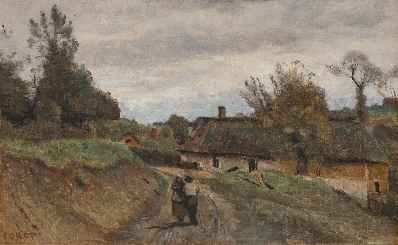 Jean-Baptiste-Camille Corot - Gouvieux, paysan et paysanne, chemin et village de Chaumières