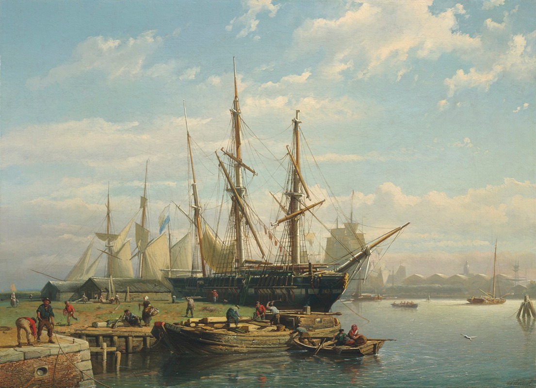 Johan Adolph Rust - Dutch sailing ships at anchor in a river estuary