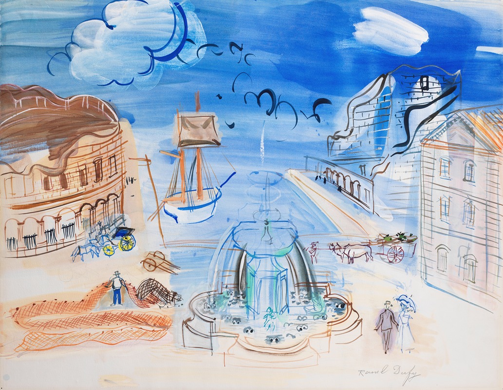 Raoul Dufy - Composition au port et à la fontaine