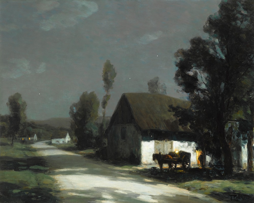 François-Charles Cachoud - A village road in the moonlight