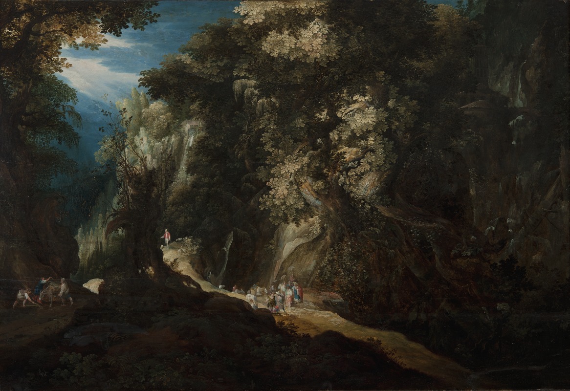 Gijsbrecht Leytens - Wooded Mountain Landscape with Waterfall and Travellers