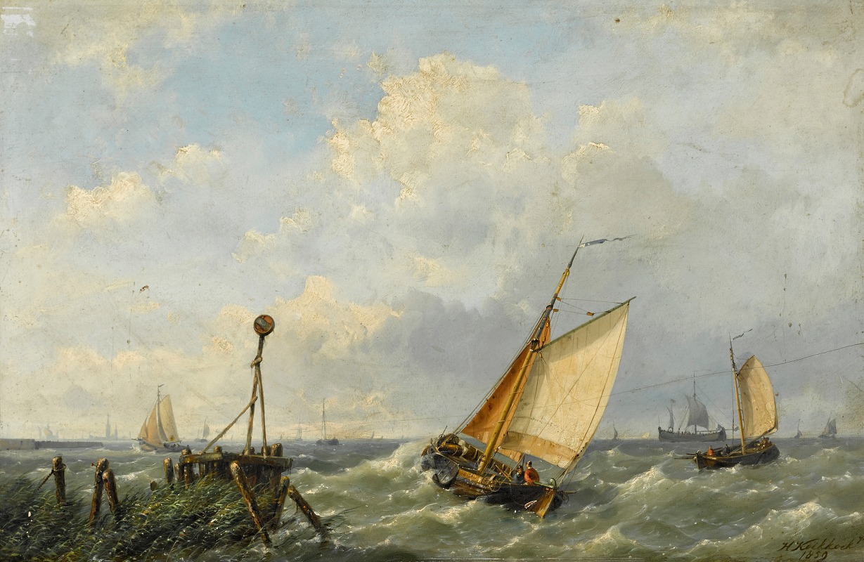 Hermanus Koekkoek Jnr. - Fishing boats in a stiff breeze offshore