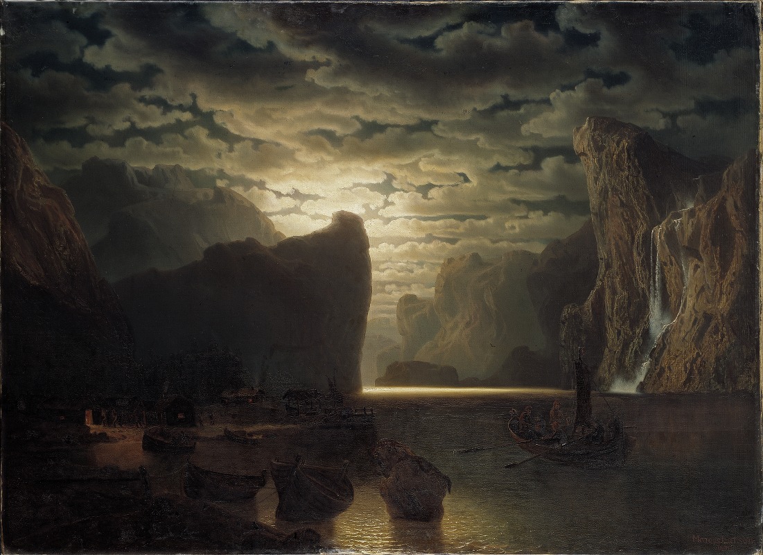 Marcus Larson - Norwegian Fjord in Moonlight. Motif from the Sogne-Fjord