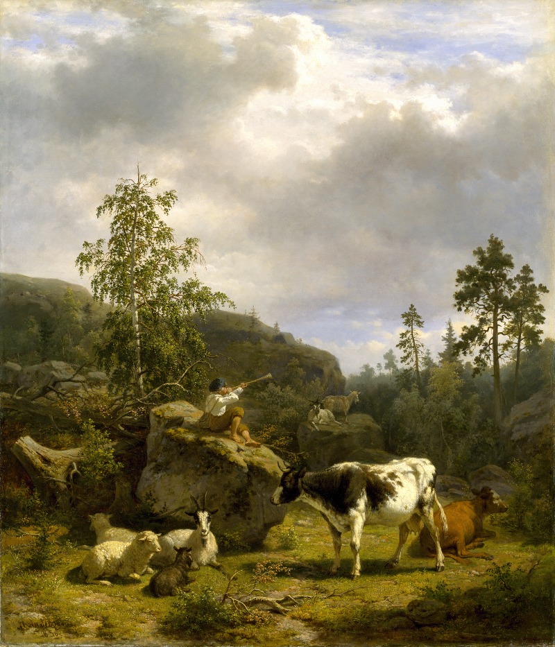 Nils Andersson - Forest Landscape with a Shepherd Boy and Cattle