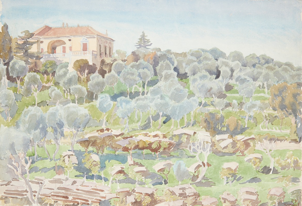 Peter Hansen - Bjergskråning med oliventræer og en villa