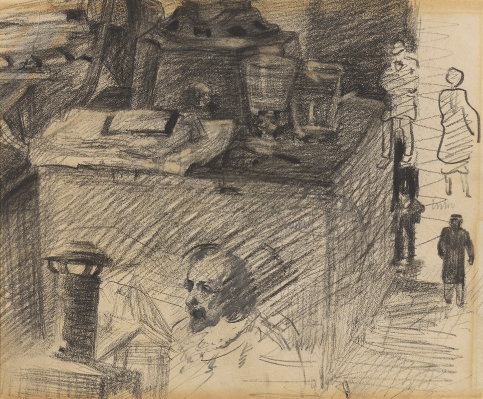 James Ensor - Hoek in het atelier met kachelvoet, kist en figuren