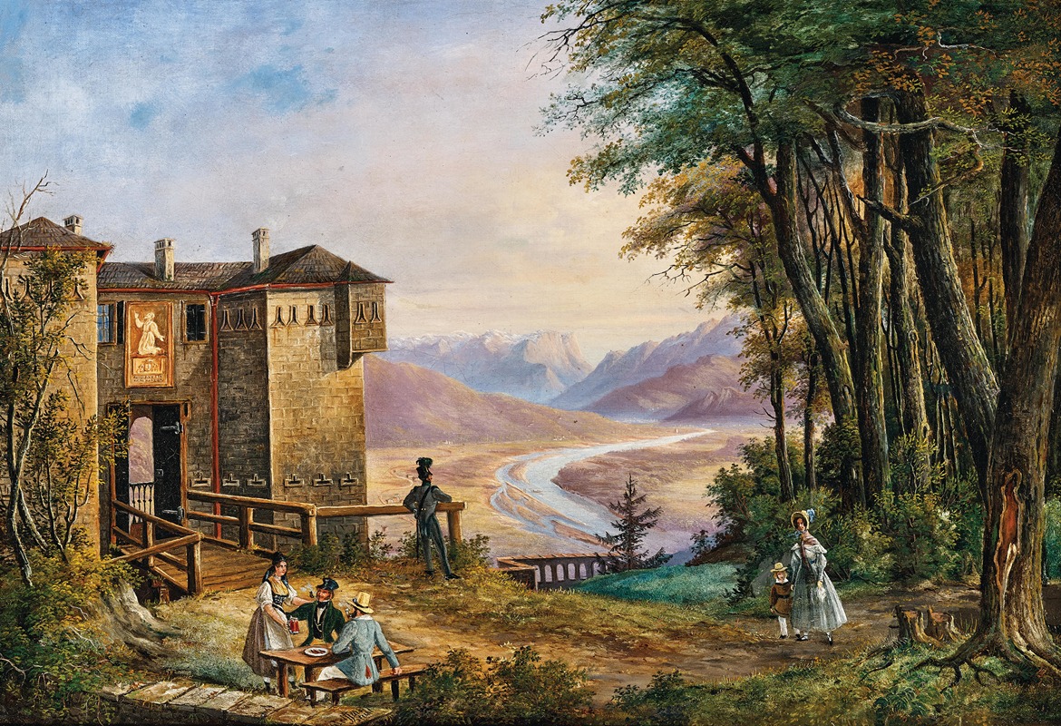 Anton Reiffenstuhl - Scene in Salzburg, excursionists resting, with a view of Lueg Pass