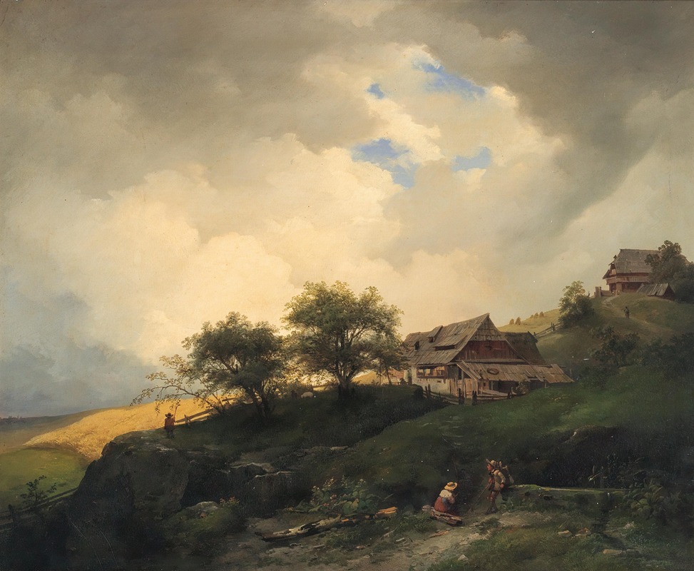 Ignaz Raffalt - A landscape with peasant huts near a cornfield