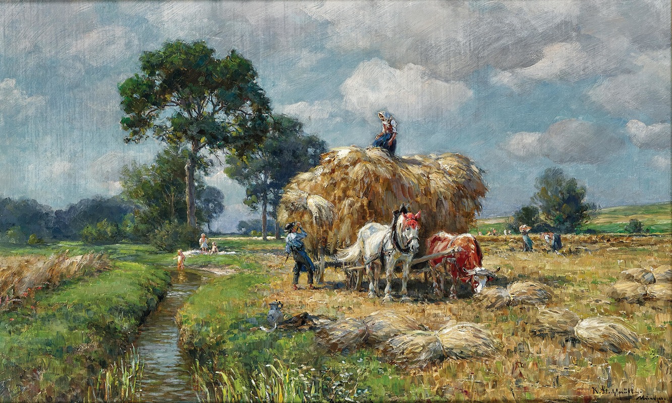 Karl Stuhlmüller - Summer harvest, in the background children at a creek