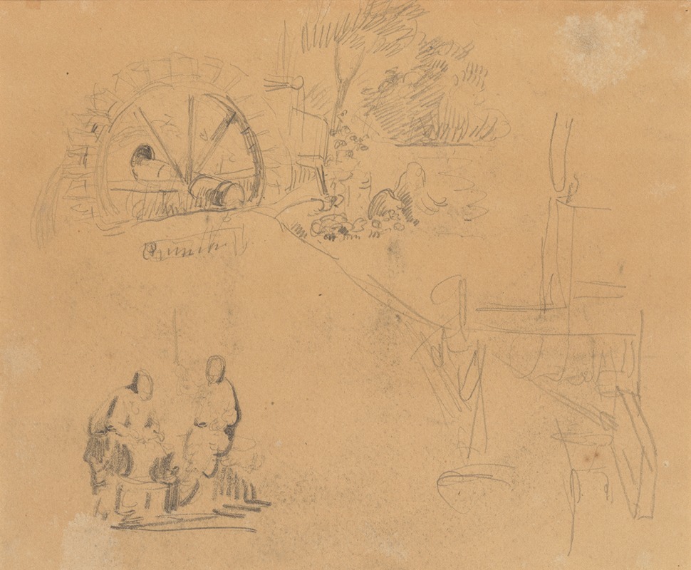 James Ensor - Landschapsfragment met waterrad en twee figuren