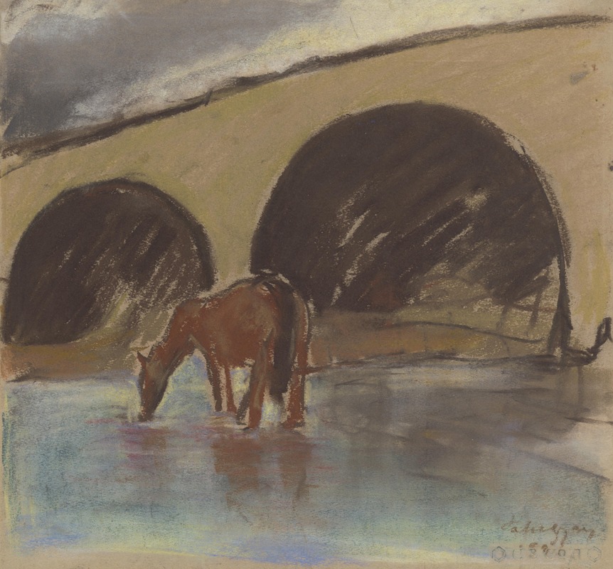 Zolo Palugyay - Watering (Horse Drinking from a River under an Arch Bridge)