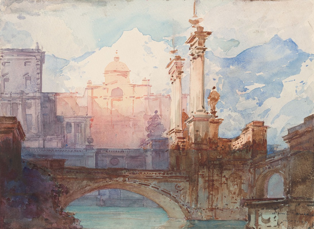 Giulio Ferrari - A Bridge Over Water Against a Palace Background