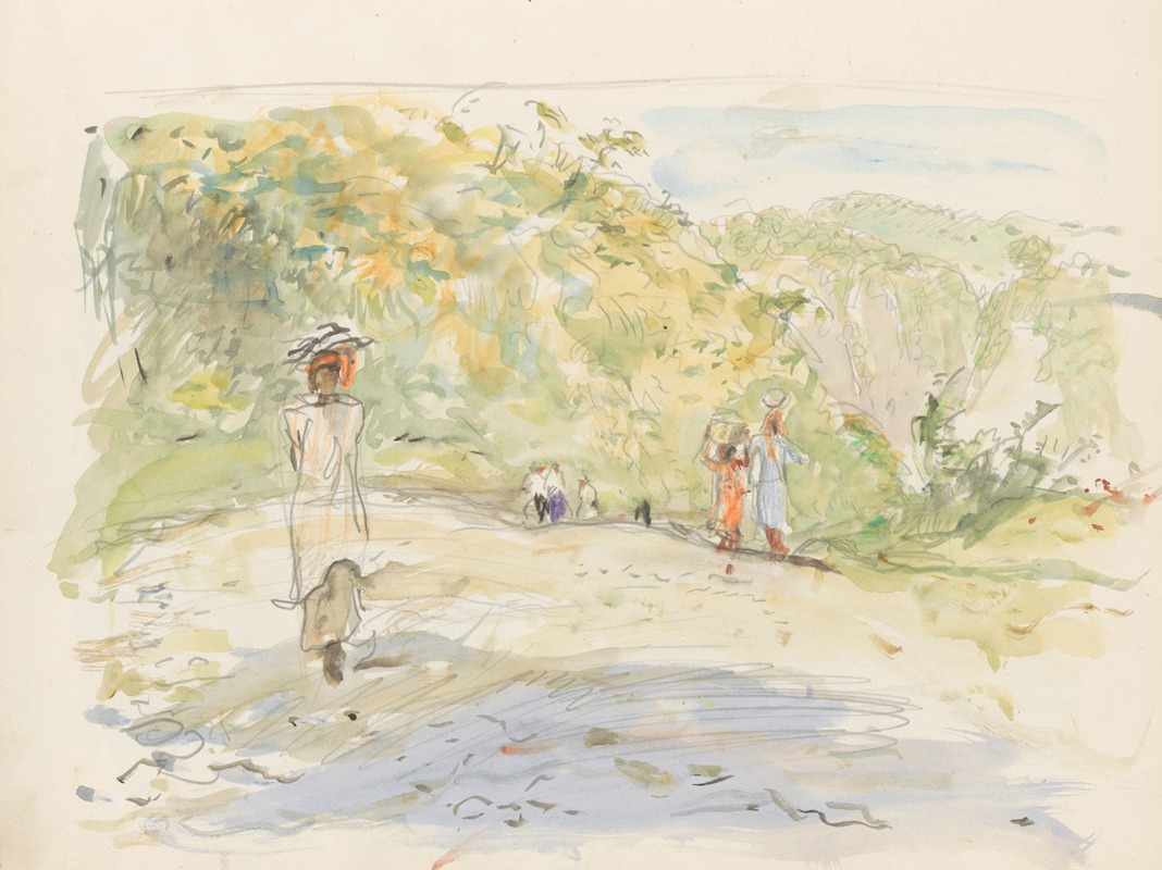 Marius Bauer - Heuvellandschap met figuren bij de oever van een rivier