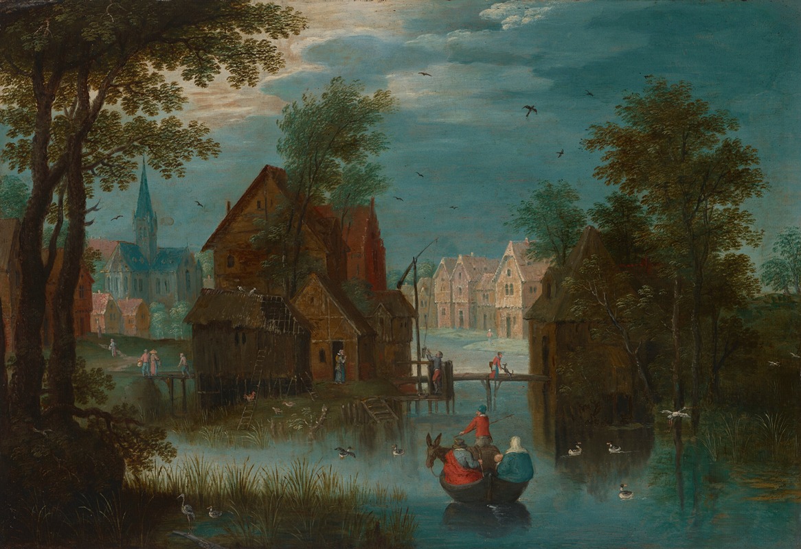Marten Ryckaert - A river landscape with a ferry boat, a church in the distance