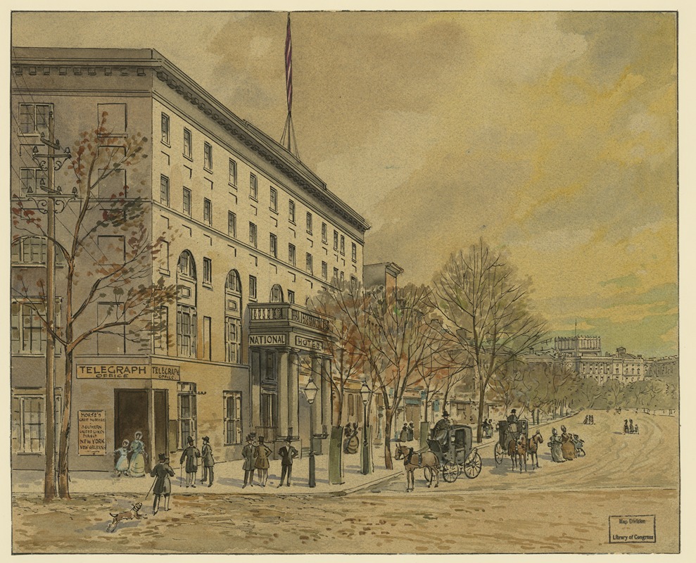 A. Meyer - View of Washington looking down Pennsylvania Ave. toward unfinished Capitol. National Hotel on left, no. 1