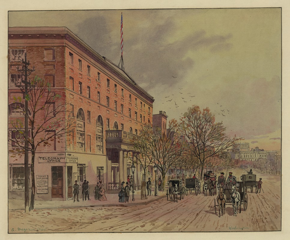 A. Meyer - View of Washington looking down Pennsylvania Ave. toward unfinished Capitol. National Hotel on left, no. 2