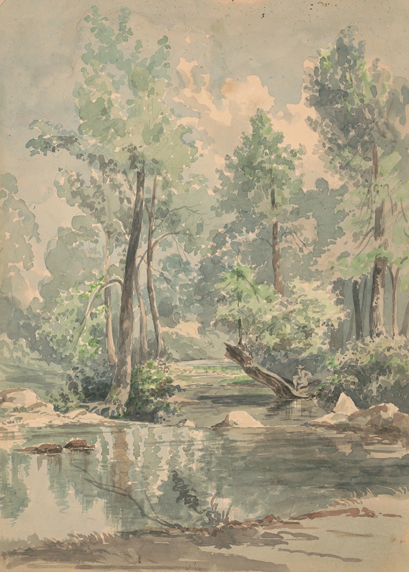 James Fuller Queen - A man sitting on a fallen tree at the edge of a shaded stream