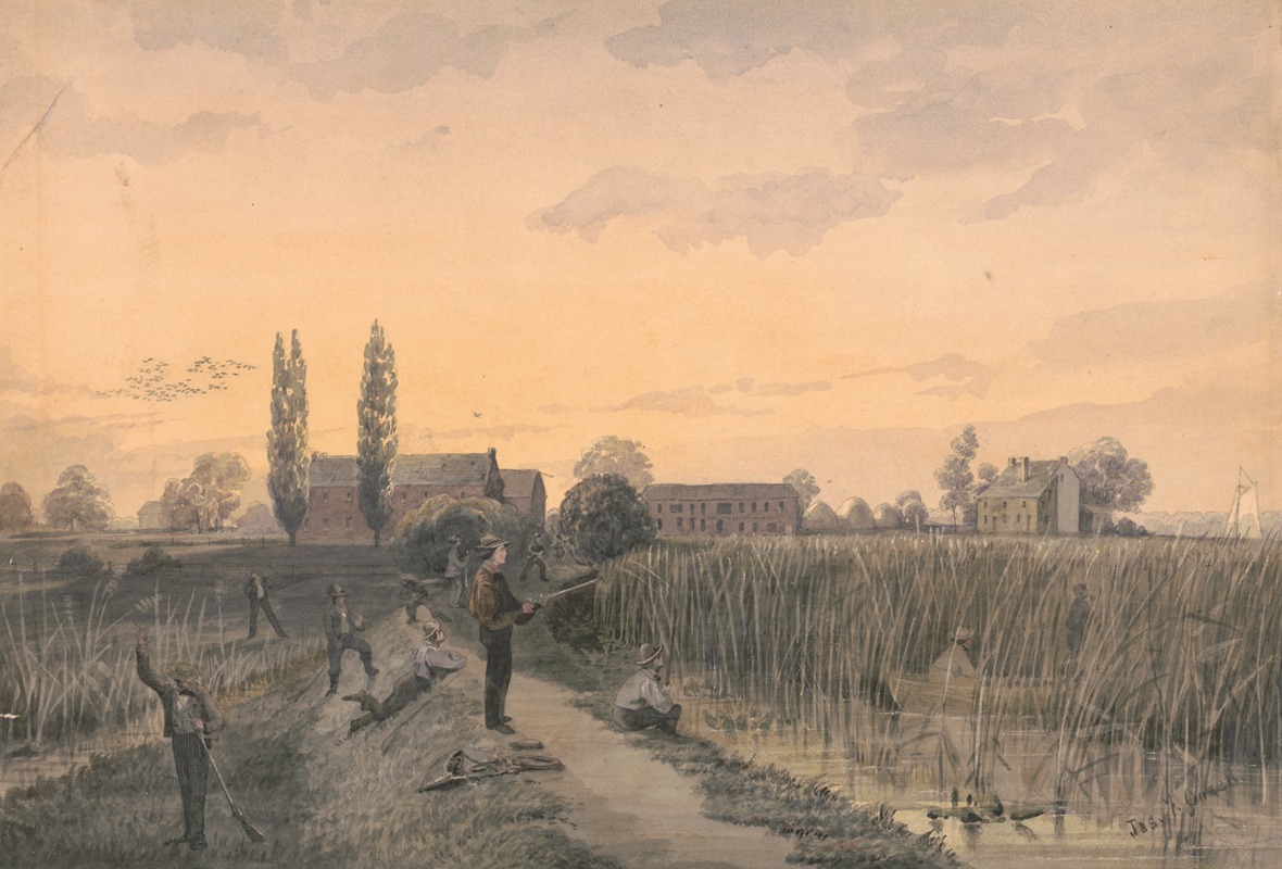 James Fuller Queen - Bird hunting party, on a levee with marsh grasses along the shore