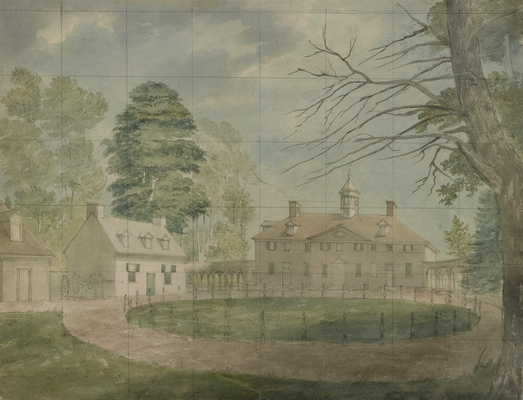 John Rubens Smith - Mount Vernon with outbuildings shown from the far side of the driveway