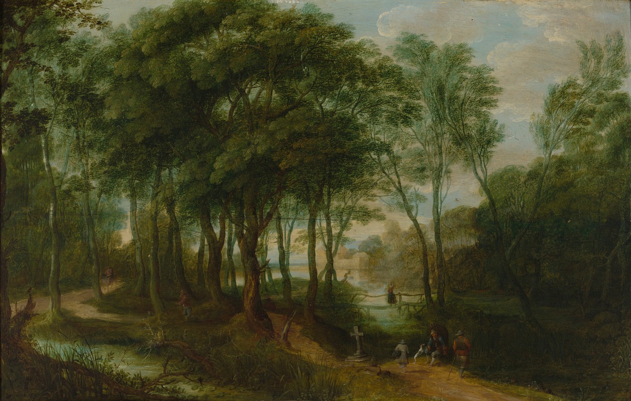 Adriaen van Stalbemt - Figures On A Wooded Path, With A Building Behind