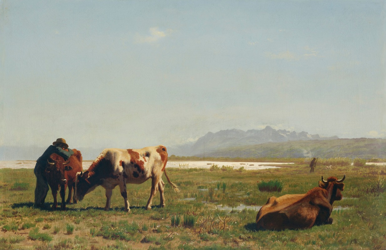 Albert Lugardon - Cattle in a Lakeside Pasture