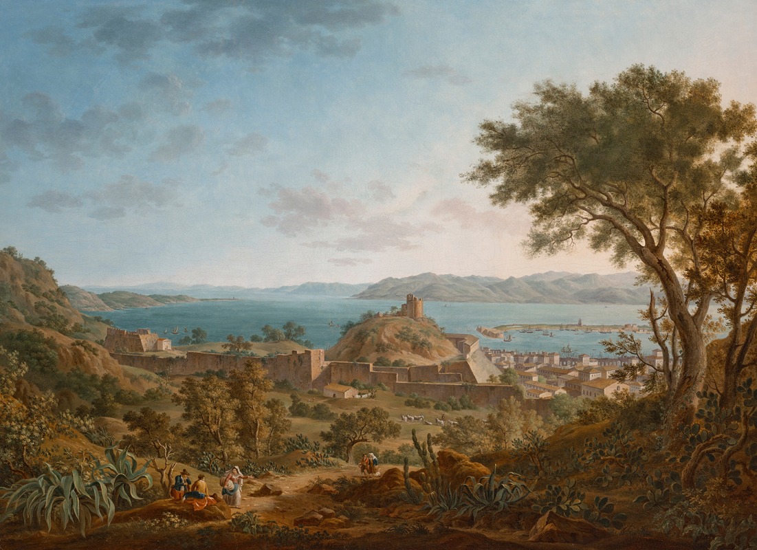 Alexandre-Hyacinthe Dunouy - The Strait of Messina, Sicily from the west, with a view of the fortifications and port