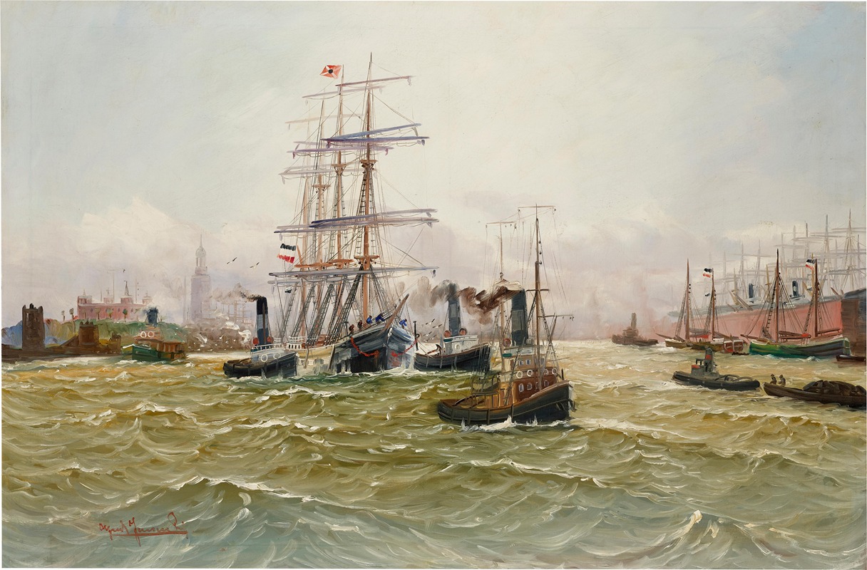 Alfred Jensen - A Three-Master and Sail Boats with the French Flag in the Hamburg Harbour