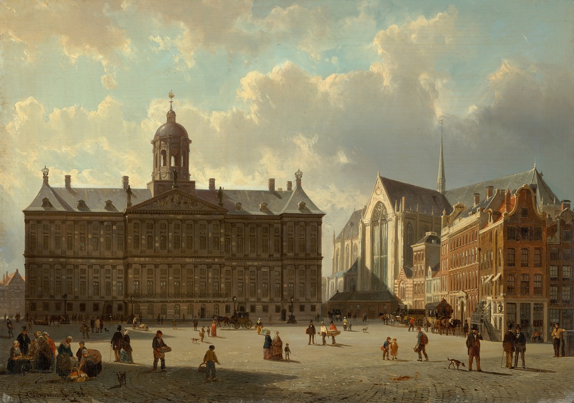 Cornelis Springer - The Royal Palace and the Nieuwe Kerk on the Dam, Amsterdam