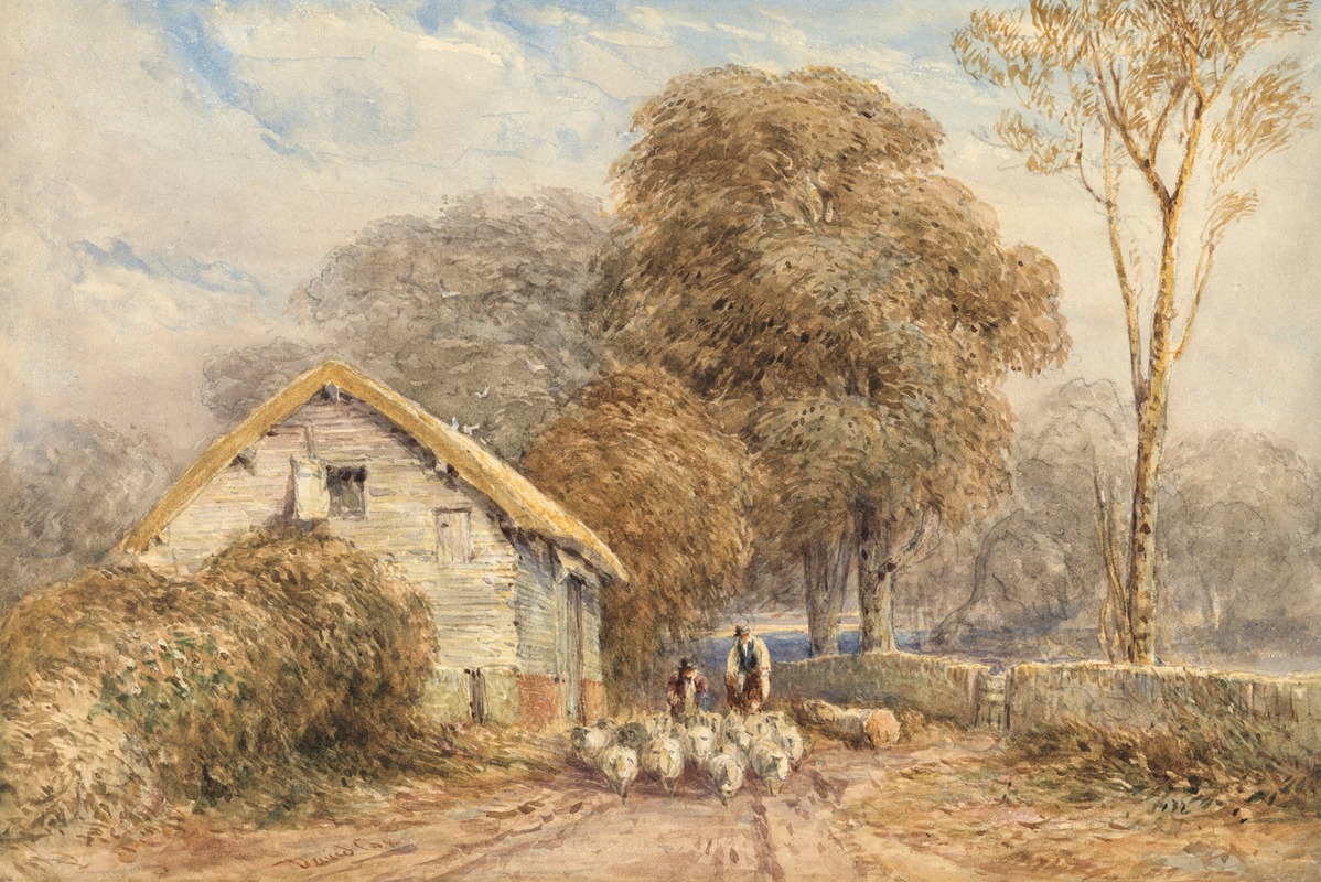 David Cox - A traveller on horseback, with a shepherd and his sheep, by a barn, on a country road