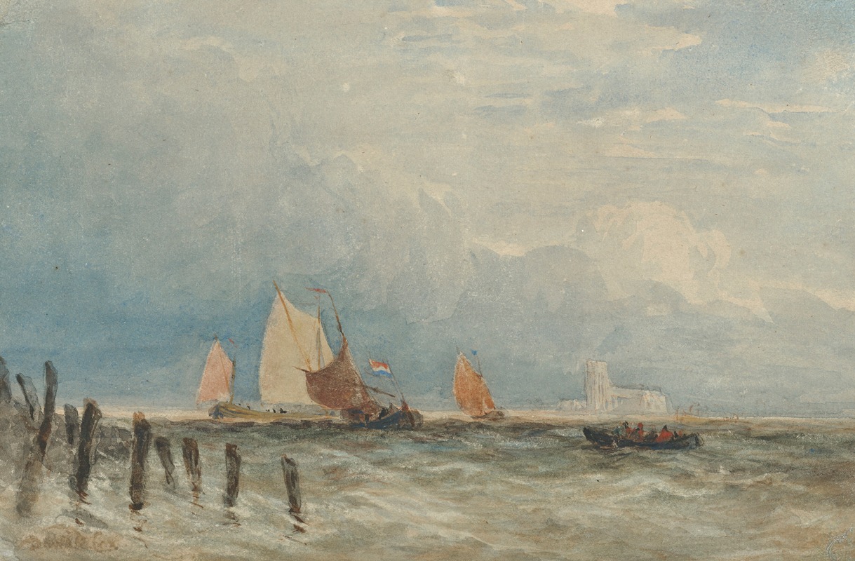 David Cox - Dutch fishing smacks off the coast, with Grote Kerk, Dordrecht in the distance