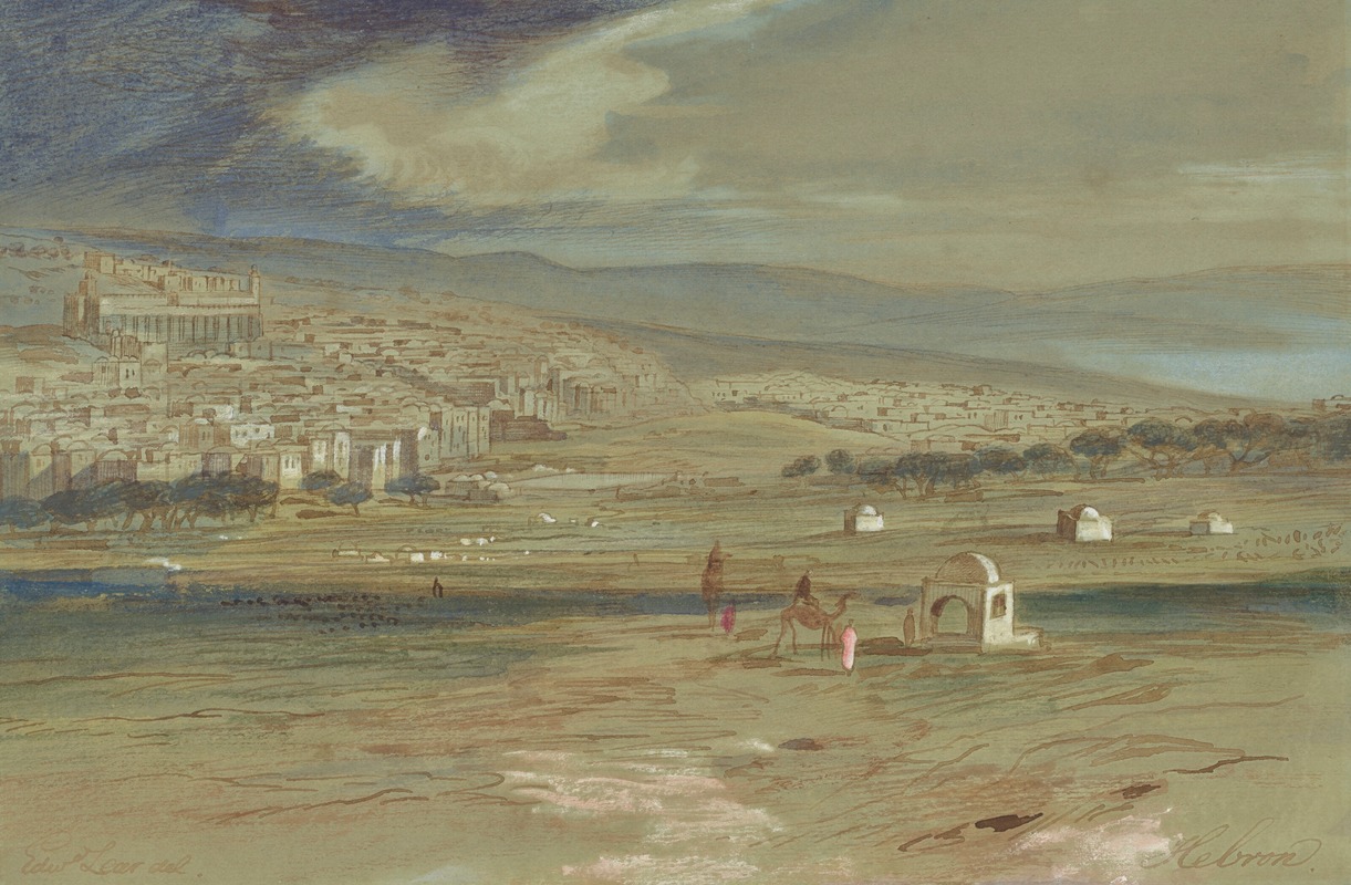 Edward Lear - A view of the city of Hebron with camels and figures in the foreground