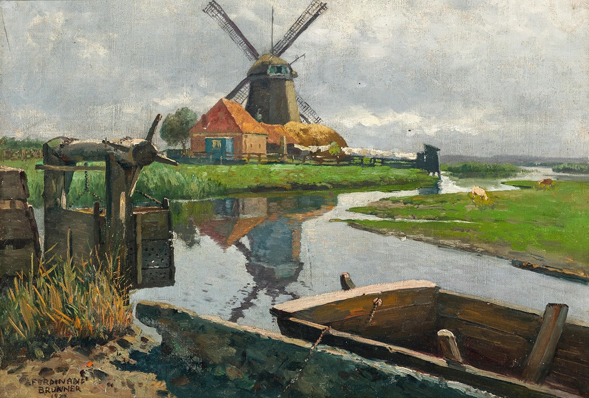 Ferdinand Brunner - A Dutch windmill by the stream