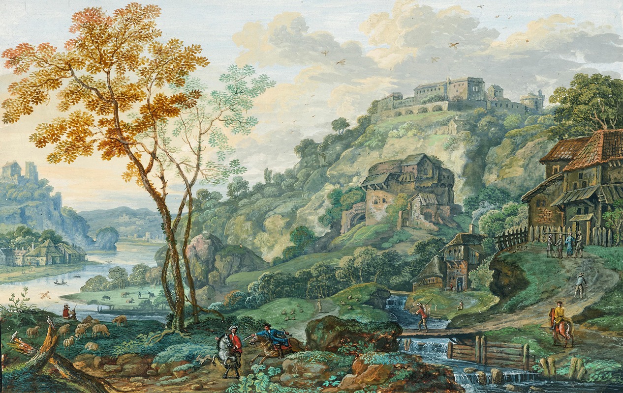 Franz Christoph Janneck - An ideal landscape with a river, a fortress and horsemen