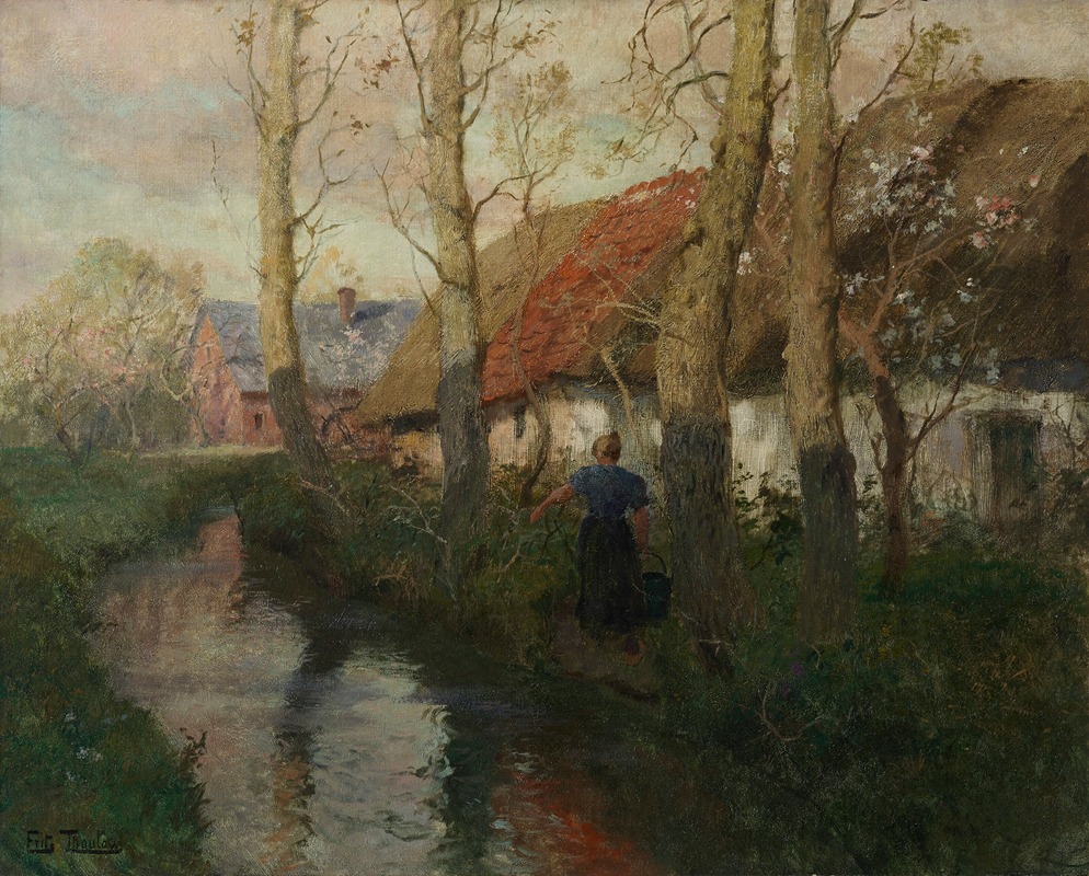 Frits Thaulow - A River in Normandy with a Woman Carrying Water