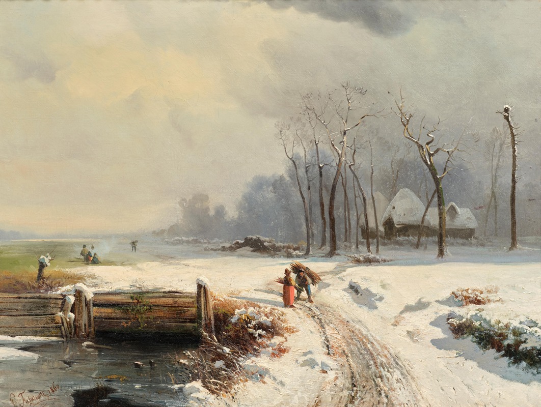 Gaetano Fasanotti - A Brushwood Gatherer in a Winter Landscape