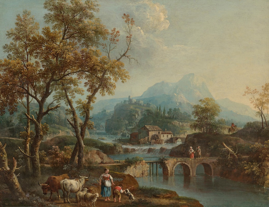 Giovanni Battista Cimaroli - An Italianate lake landscape with travellers crossing a bridge, a lakeside town beyond