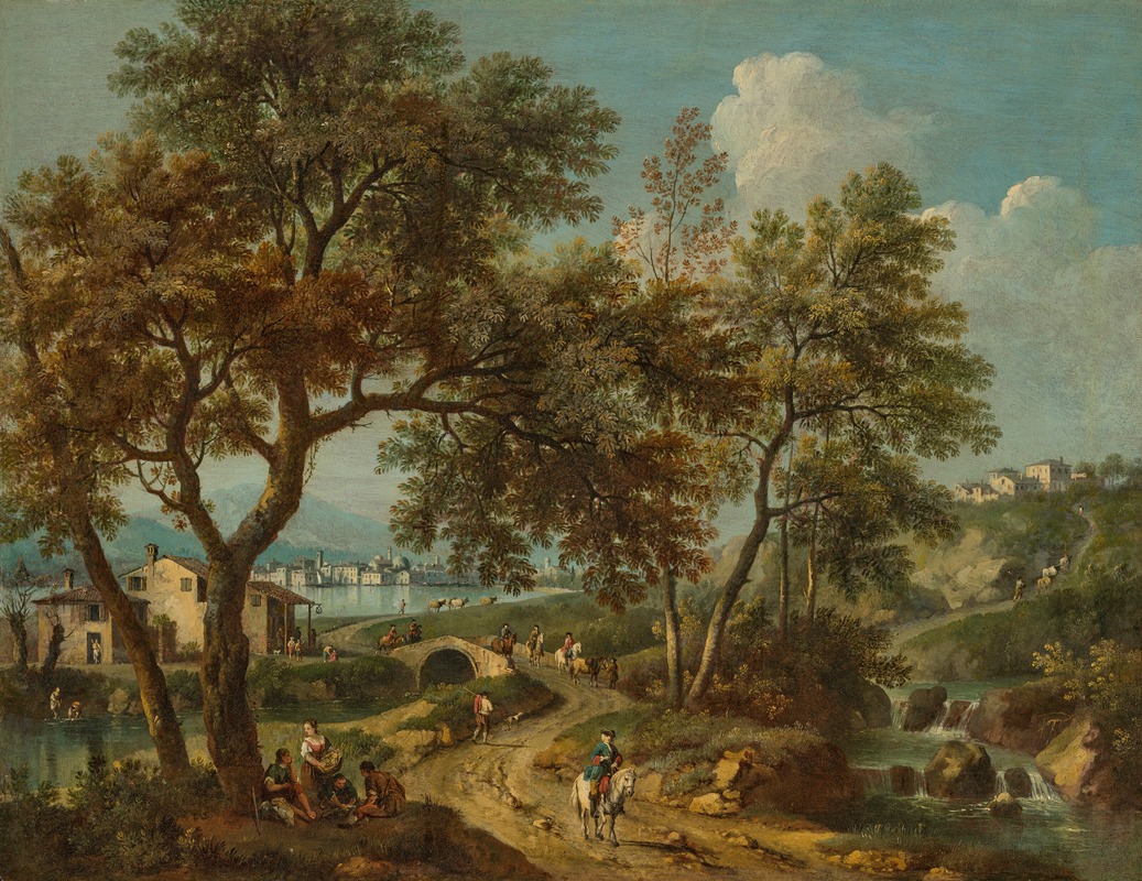 Giovanni Battista Cimaroli - An Italianate landscape with a view of Lake Garda and Salo in the distance, with figures on a bridge