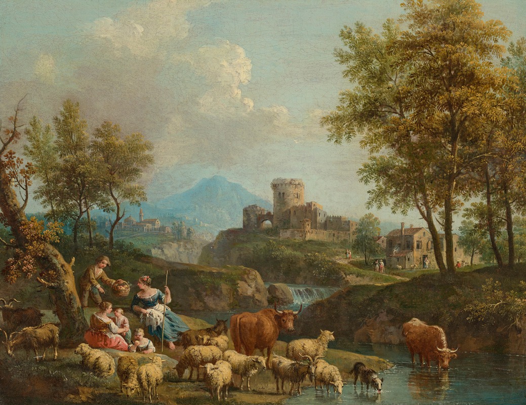 Giovanni Battista Cimaroli - An Italianate river landscape with drovers and cattle on a track, a village beyond