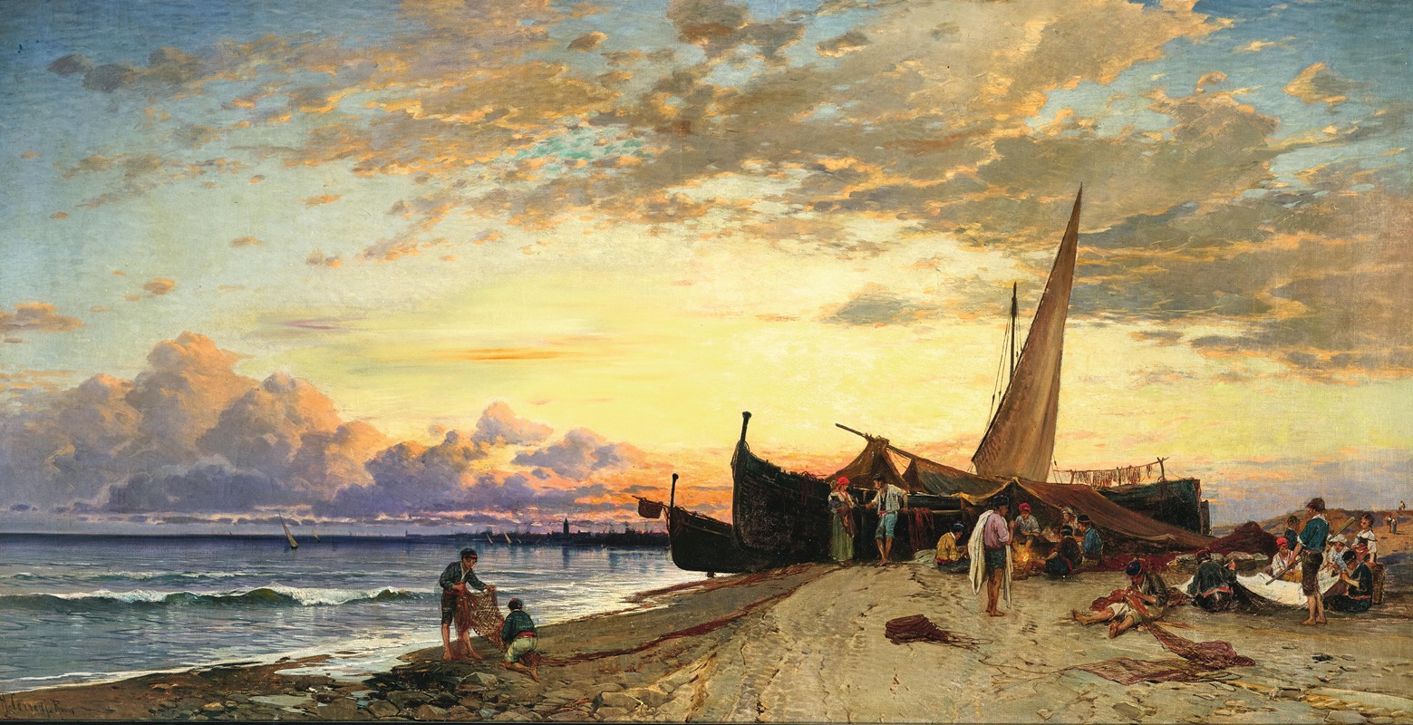 Hermann David Salomon Corrodi - Fishermen on the lagoon at dusk