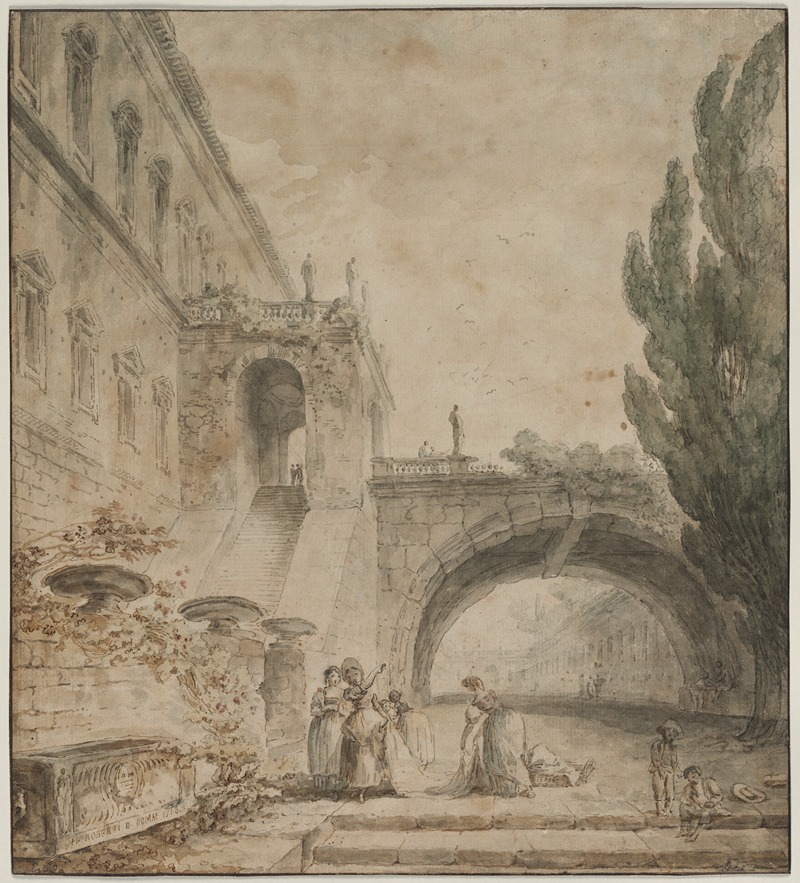 Hubert Robert - A Palace with an Arched Bridge (A Roman Villa)